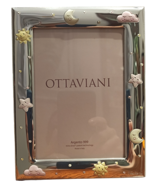 Cornice in argento di Ottaviani per bimba con sole, luna e nuvolette rosa